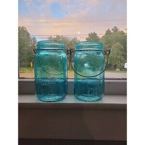 2 Vintage Style JARDIN BLUE MASON JAR WITH Handle Quart